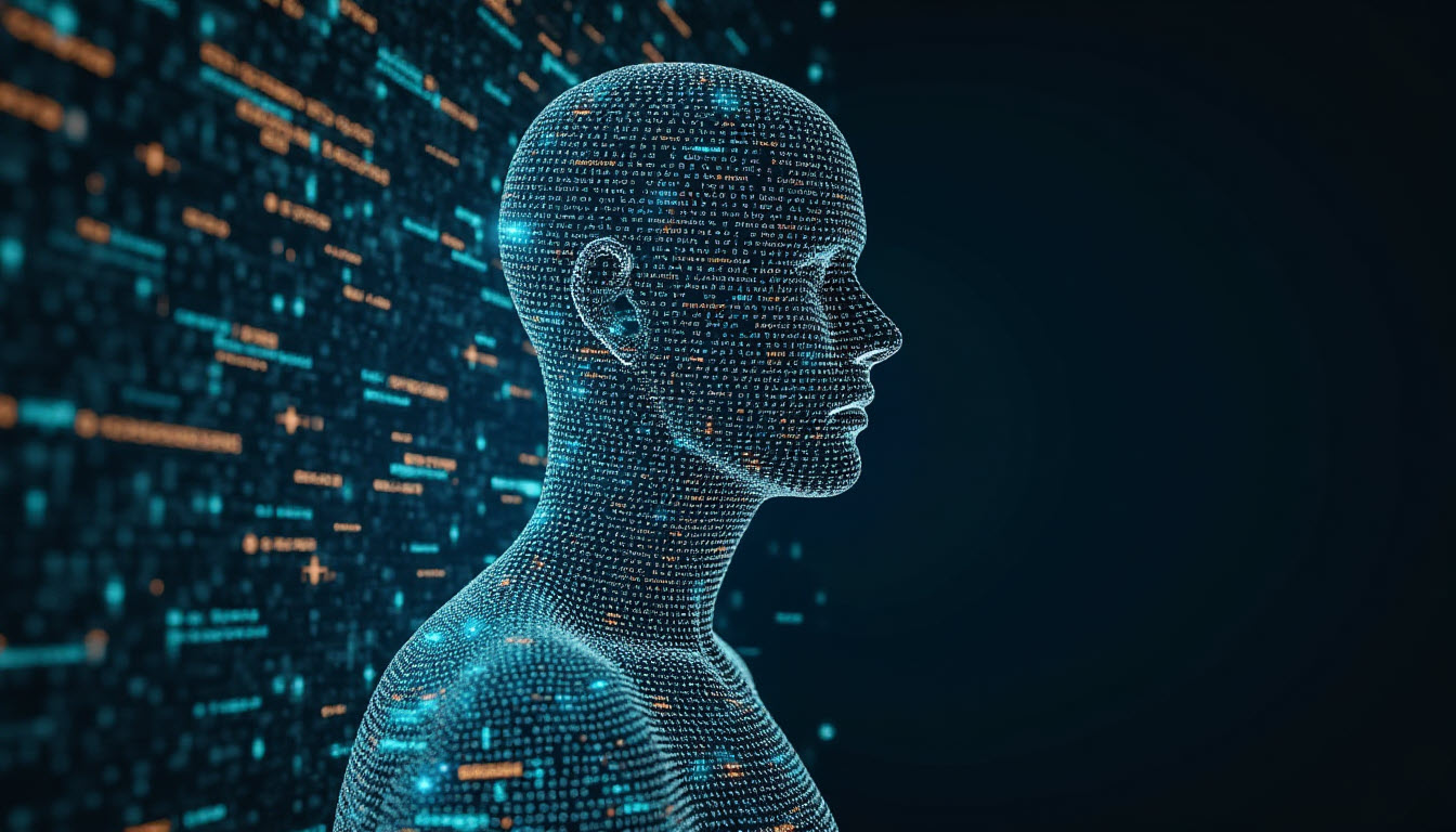 A human figure blending into digital code, symbolizing loss of individuality.