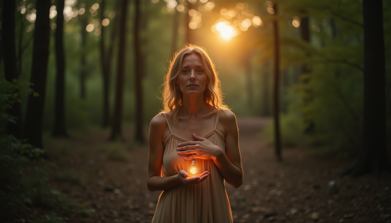 A woman in casual business attire standing barefoot on earth, hand over heart, light glowing from within reconnecting with divine inner light in nature.