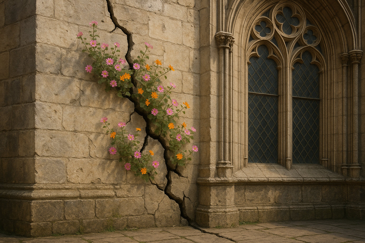 A cracked cathedral wall with flowers growing through. Spiritual rebirth outside organized religion.