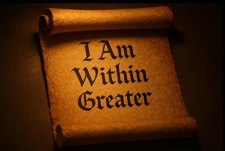 Ancient scroll slightly unrolled with light illuminating three bold words: I Am, Within, Greater. Hidden codes of Jesus revealed in ancient scroll.