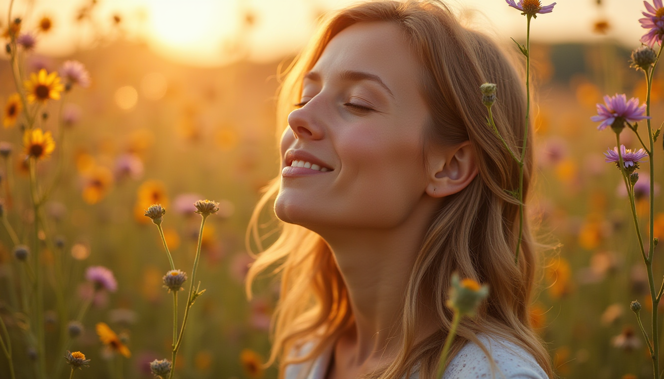 A serene woman reconnecting with nature and her inner self under soft golden light,