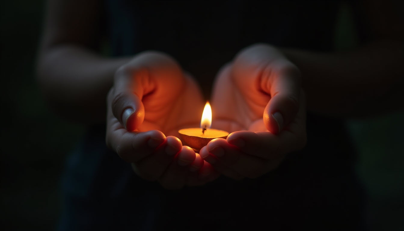 Hands gently cupping a small, glowing flame in the dark, symbolizing inner light, care, and the quiet act of tending to one's inner fire.