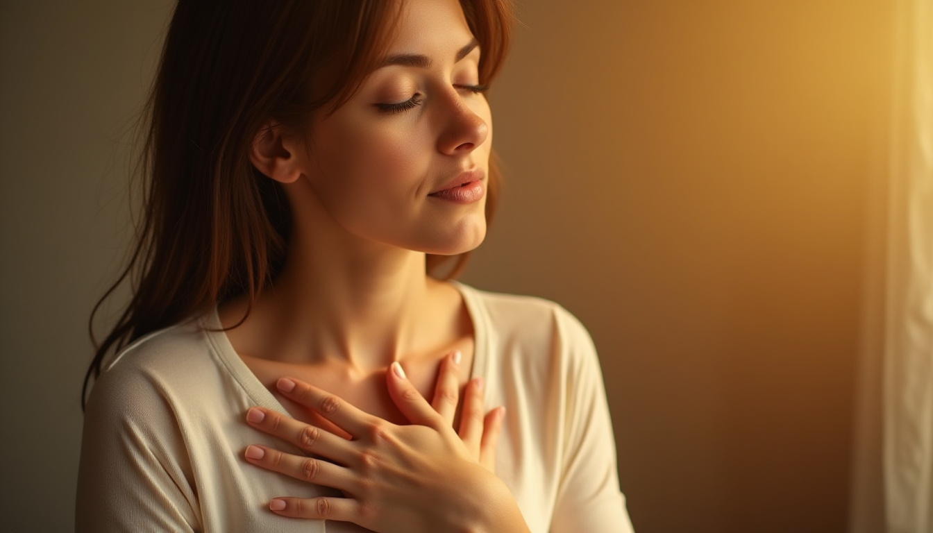 Woman with hands over her heart, eyes closed in peace, symbolizing trust in the body’s wisdom.