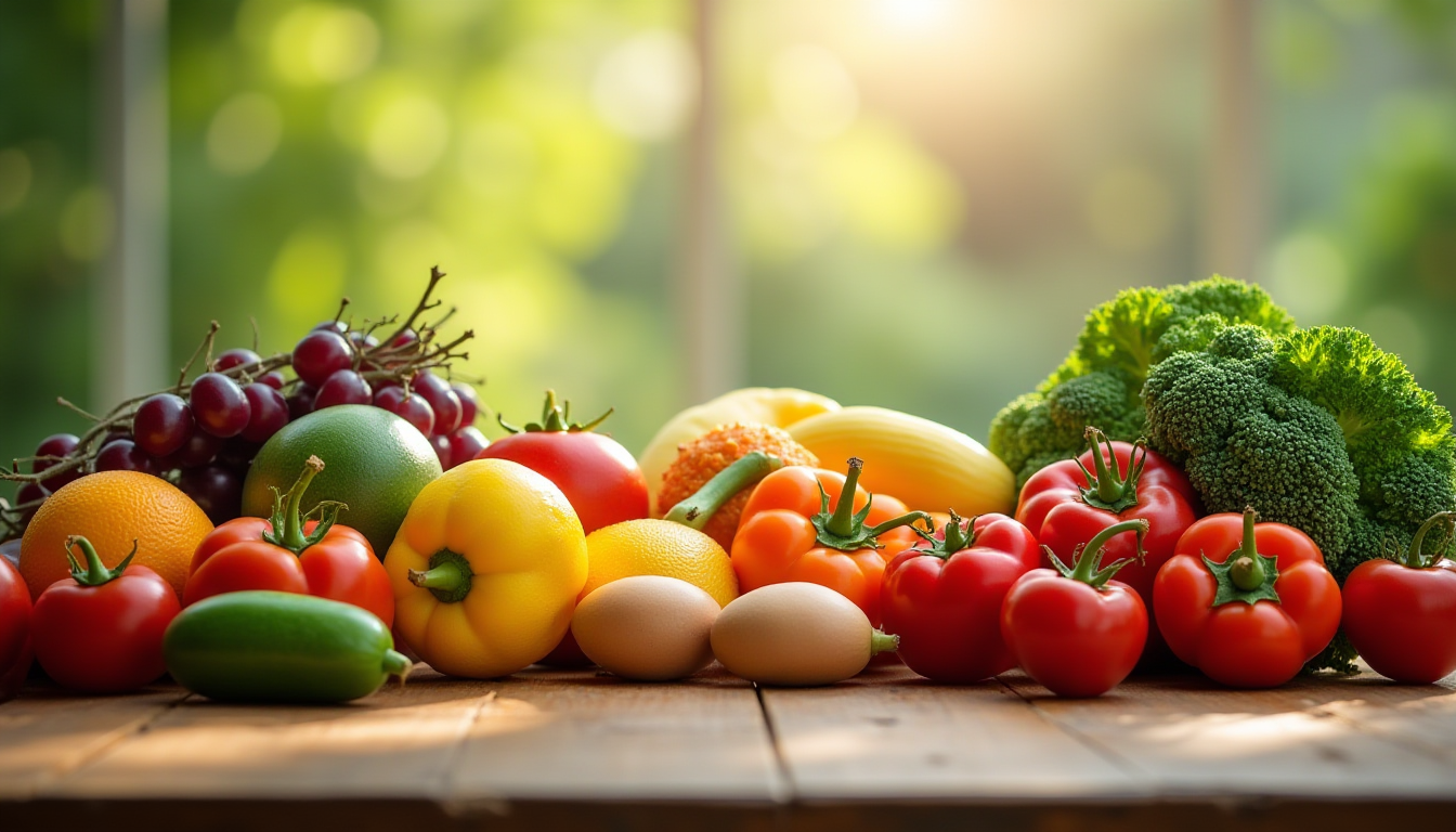 Fresh fruits and greens on a table in sunlight, representing food as energy and spiritual nourishment.