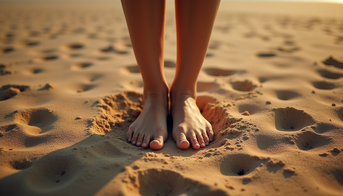 A woman barefoot, grounded and present, symbolizing alignment with body and spirit.