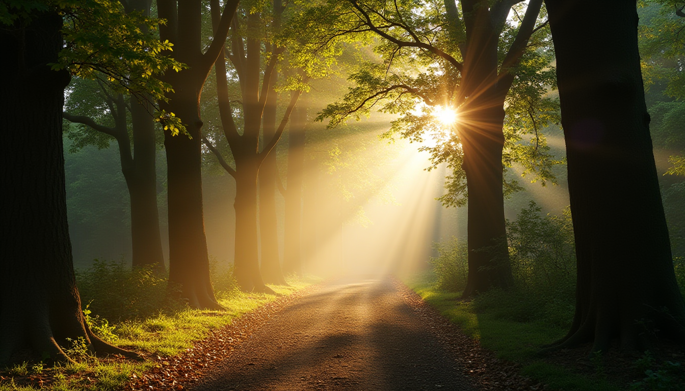 Soft morning light through trees symbolizing inner awakening.