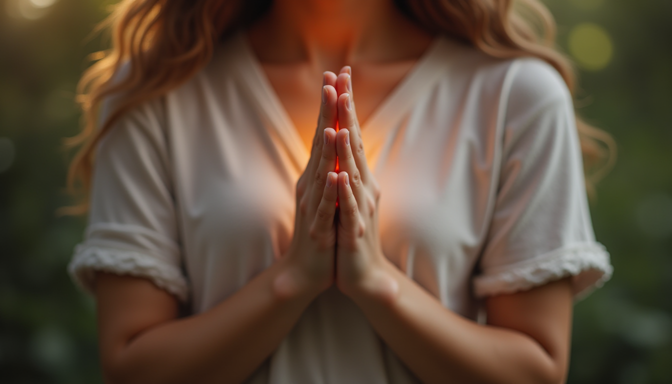 Woman’s hands resting over heart in quiet reflection.