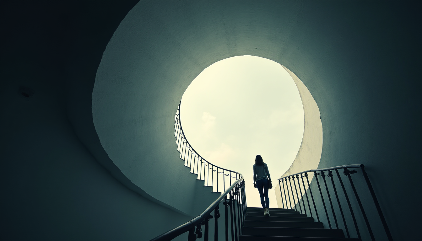 A woman ascending an infinite spiral as a metaphor for soul reincarnation.