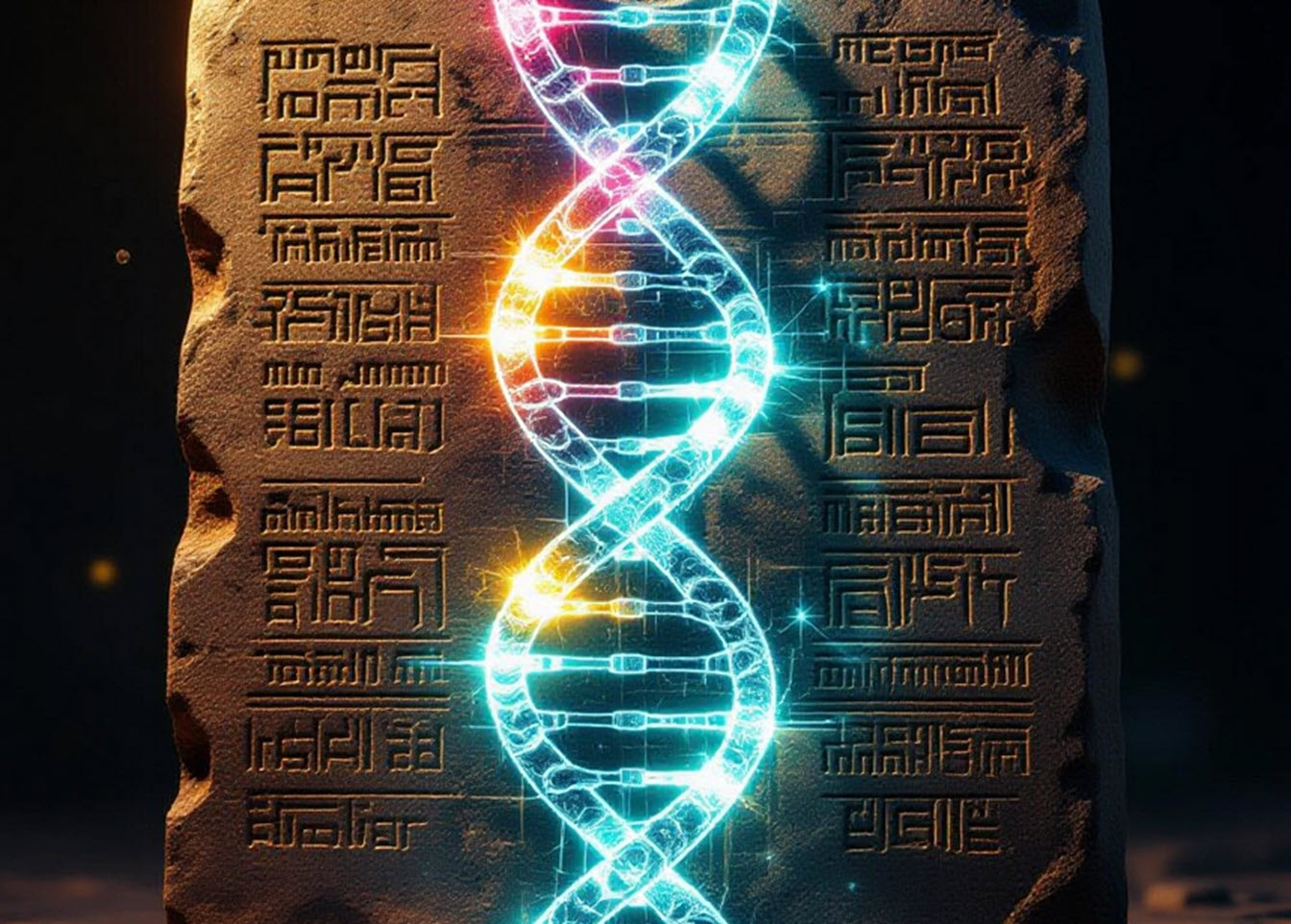 Ancient Sumerian symbols morphing into strands of human DNA.