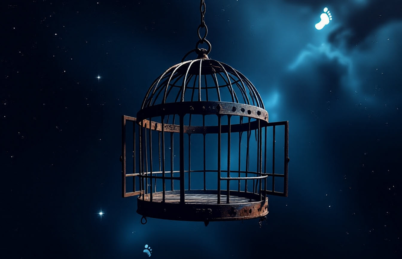 A symbolic escape from reincarnation as a cosmic karmic trap.