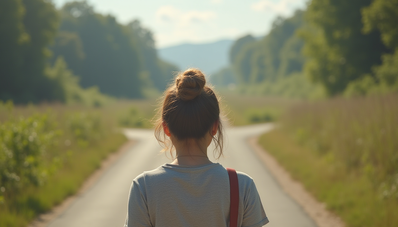 Midlife woman at a crossroads, reflecting on life’s path.