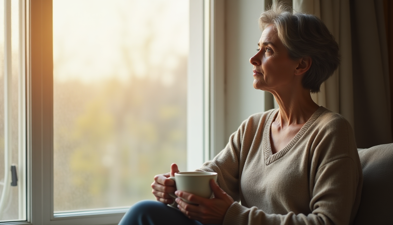 A woman age 45-50 sitting by a large window with soft natural morning light, holding a ceramic mug, gazing outward thoughtfully, serene and contemplative expression, neutral tones, minimalist interior.