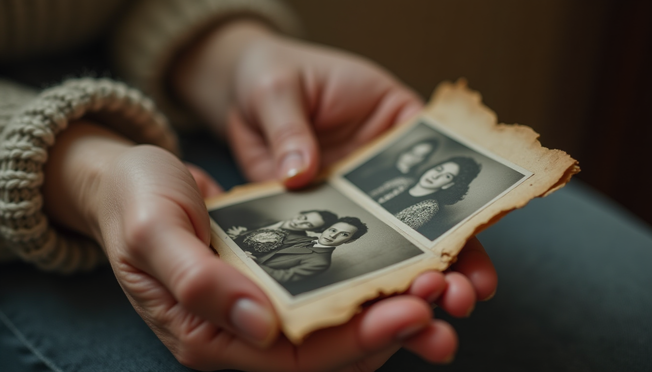 Close-up of hands gently holding vintage family photograph, symbolizing inherited memories. 