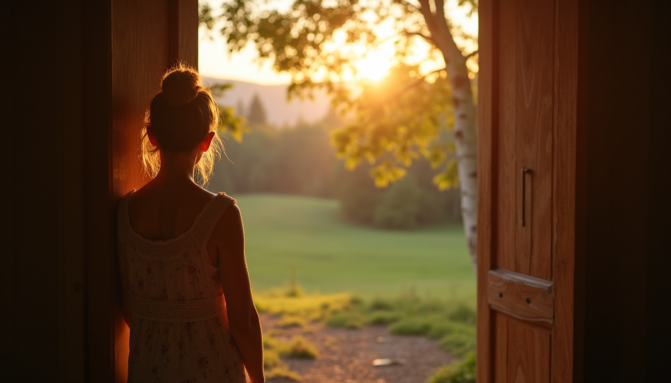 Woman in her 40s standing in doorway or at forest edge, back partially to camera, looking toward open landscape, golden hour lighting, sense of spaciousness and possibility, natural colors, peaceful and empowered mood.