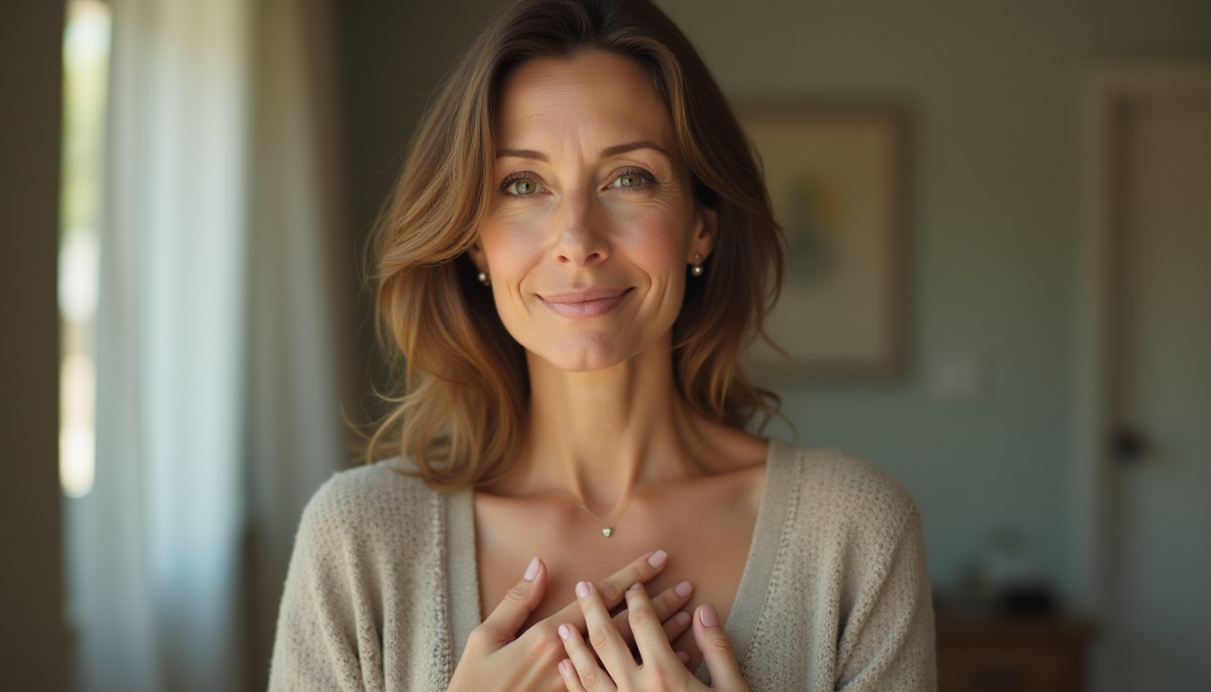 Midlife woman with hand on chest, gently grounding herself, calming her nervous system, with calm expression, soft natural light, grounded mood.
