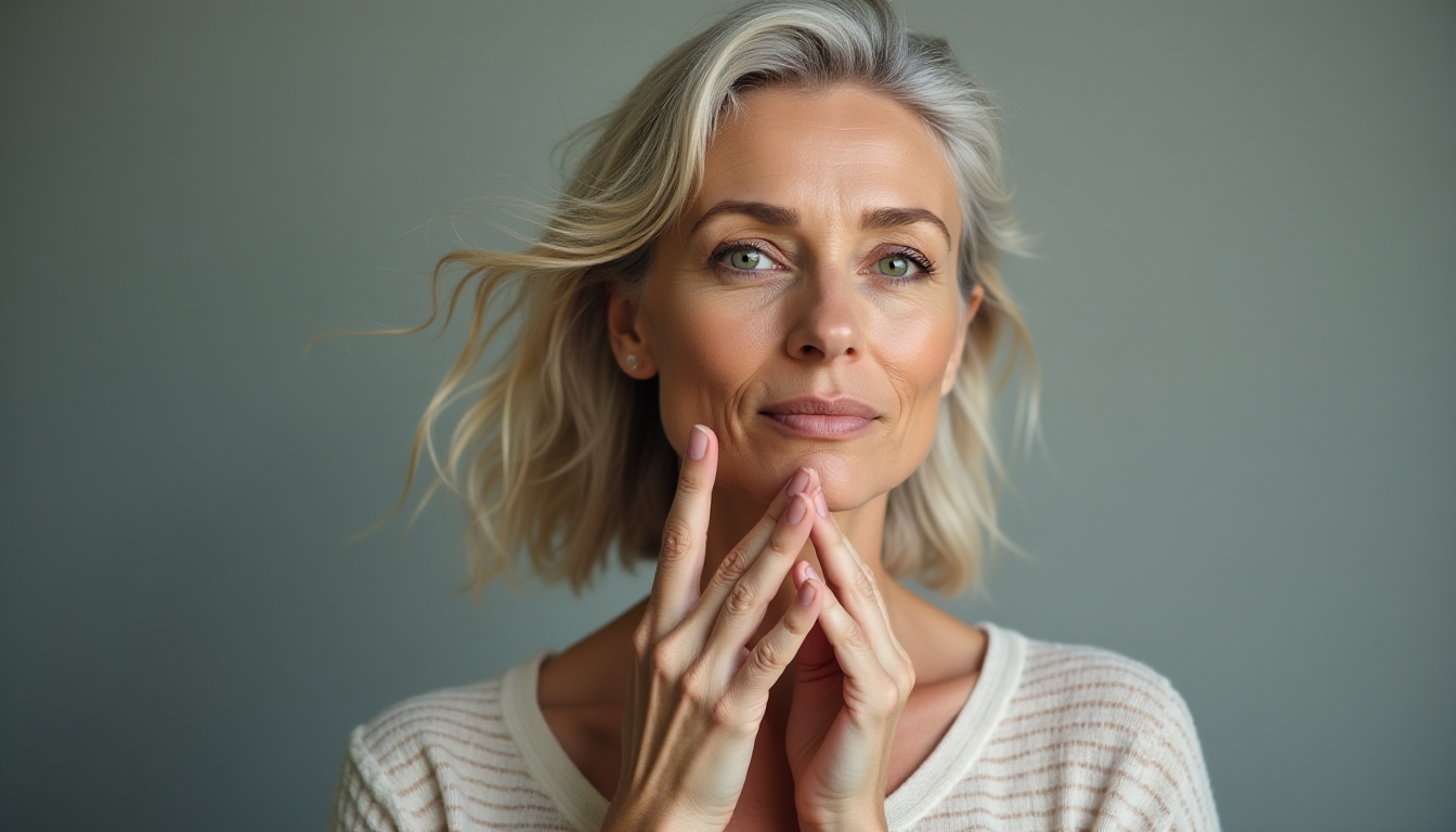 A woman showing pause and awareness, flowing, neutral tones, calm energy.

