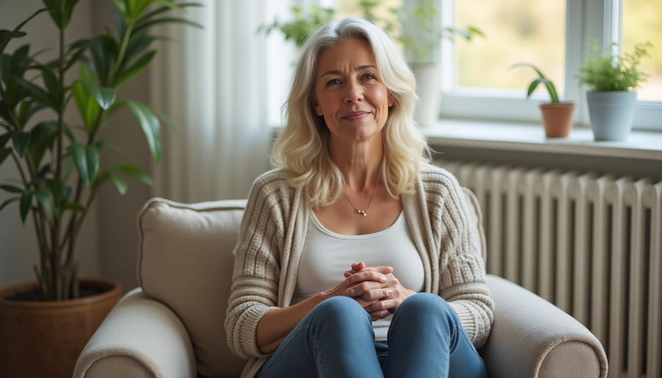 Midlife woman seated comfortably, relaxed posture, peaceful presence, natural indoor light.