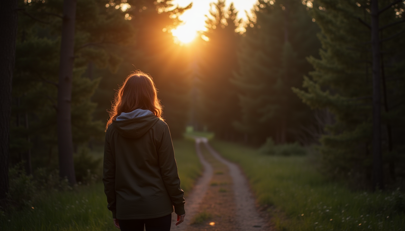 A midlife woman stands quietly in a forest trail at dusk, symbolizing the pause between past and future.