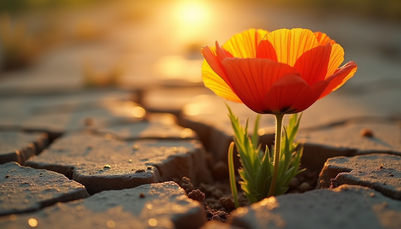A single flower growing through a sidewalk crack, representing beauty and freedom within difficult conditions.
