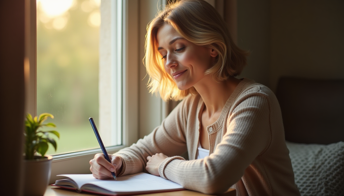 A midlife woman journaling beside a sunlit window, , morning light on her face, peaceful yet strong, symbolizing reclaiming her voice.